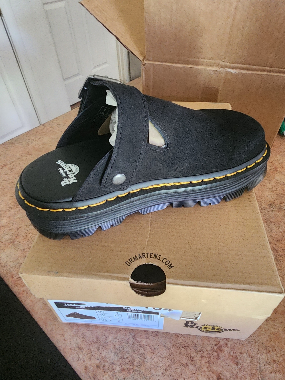 Dr. Martens Black Suede Slip-On Clog with Yellow Stitching